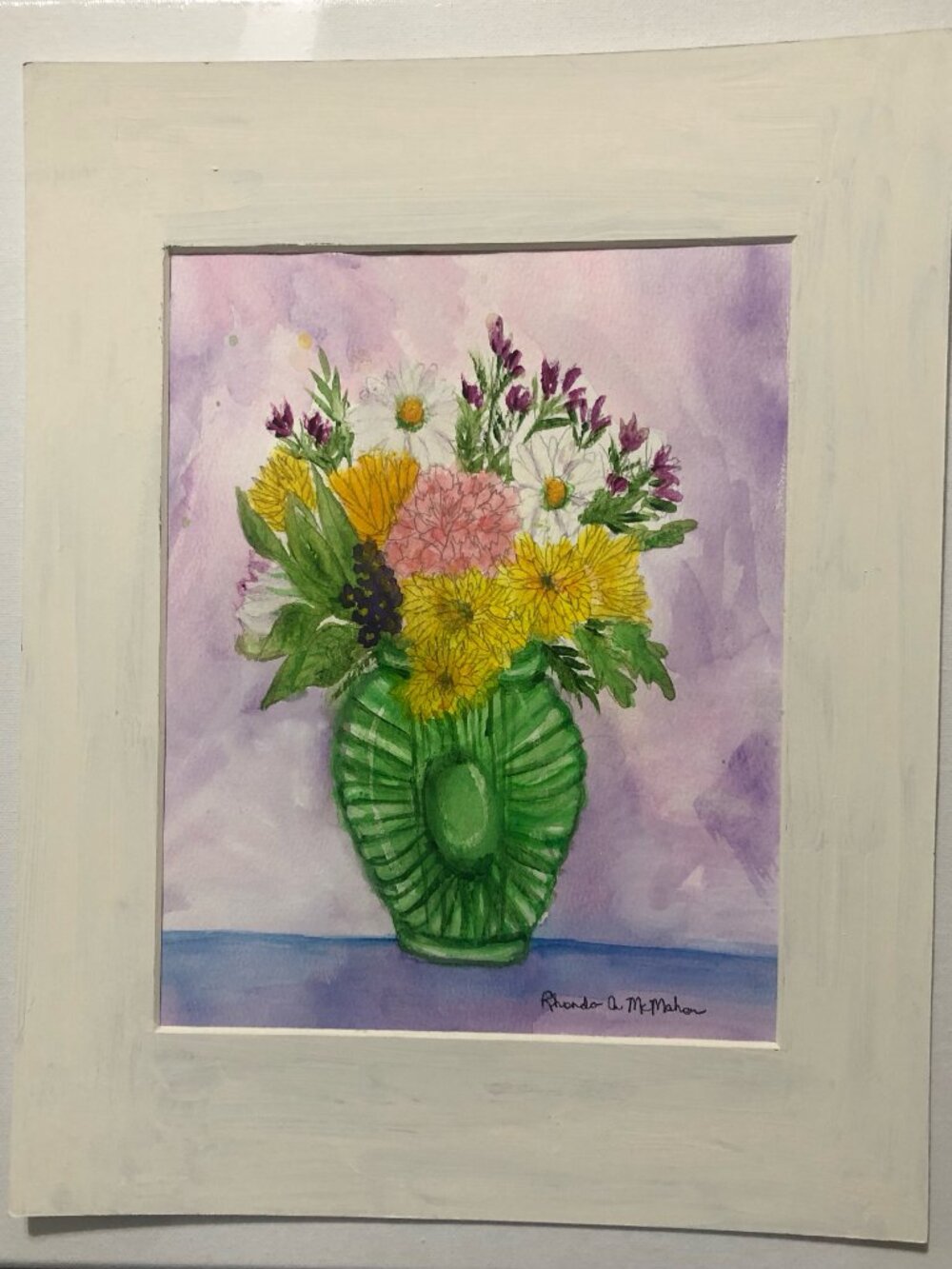 Lovely Bouquet in Green Vase Watercolor Painting